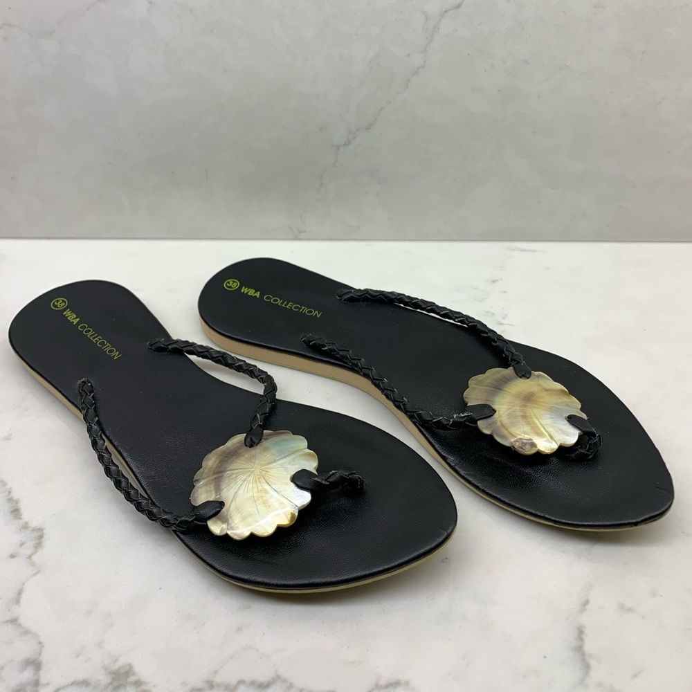 Black Leather Shell Sandals